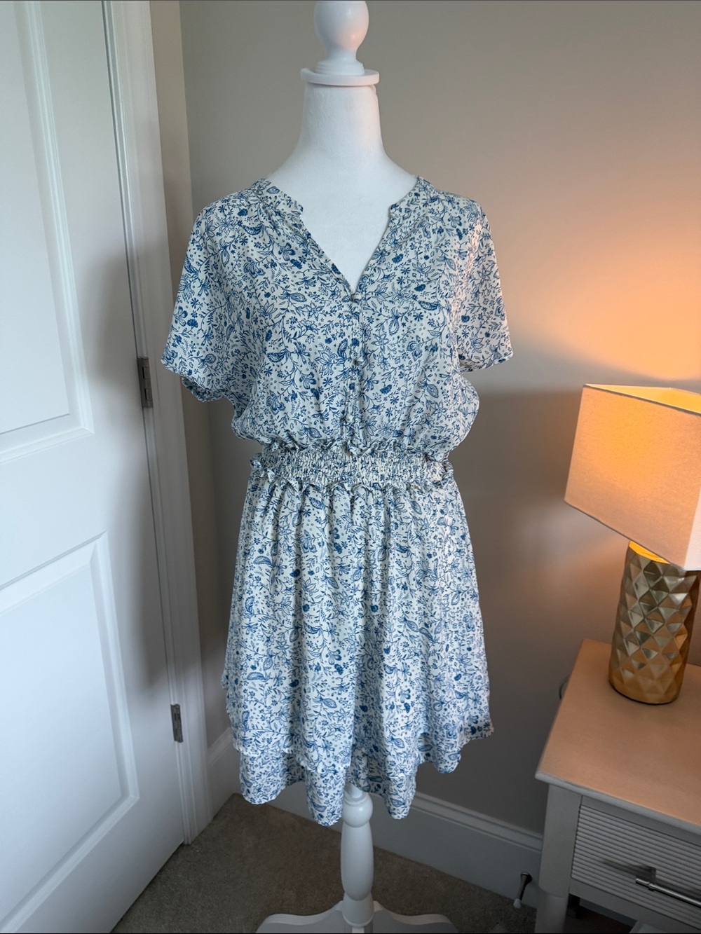 Blue Floral Short-Sleeve Smocked-Waist Mini Dress